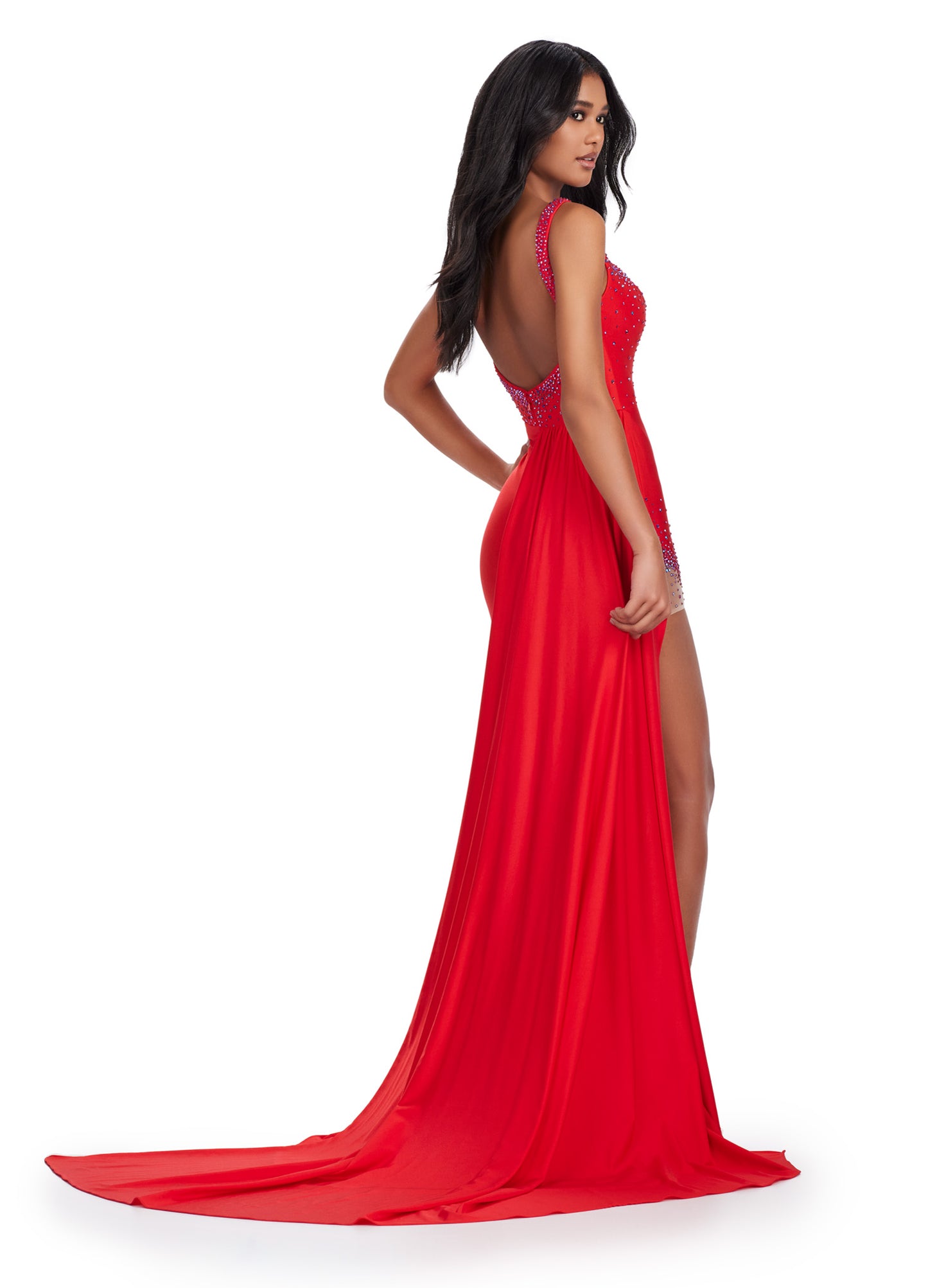 Elevate your formal look with the Ashley Lauren 11579 Long Prom Dress. Made with jersey fabric, this gown features press-on stones and a side skirt slit for added glamour. Perfect for pageants or prom, this dress will make you stand out on any occasion.This unique jersey gown features press on stones and a fabulous side skirt. Perfect for your next event!