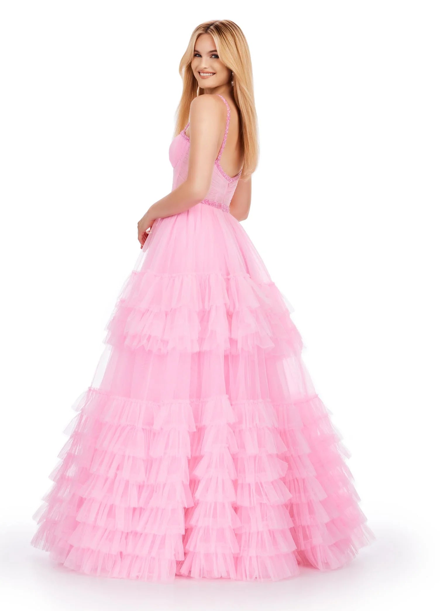 The Ashley Lauren11603 Long Tulle Ruffle Layer Ballgown Prom Dress is the perfect choice for your special occasion. With a beaded corset and ruffled layers for movement, this gown adds the perfect amount of glamour and elegance.