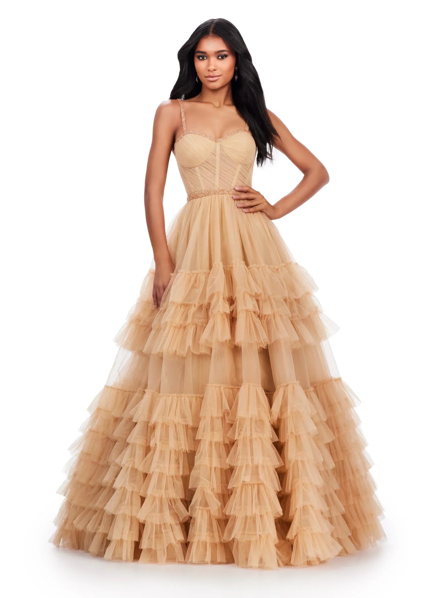 The Ashley Lauren11603 Long Tulle Ruffle Layer Ballgown Prom Dress is the perfect choice for your special occasion. With a beaded corset and ruffled layers for movement, this gown adds the perfect amount of glamour and elegance.