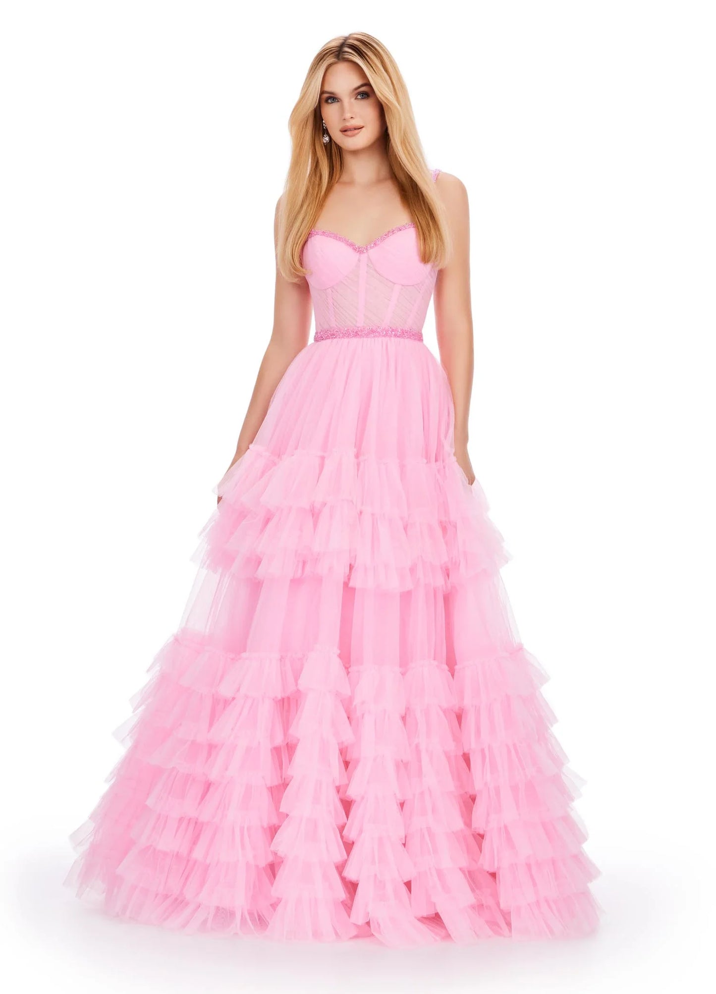 The Ashley Lauren11603 Long Tulle Ruffle Layer Ballgown Prom Dress is the perfect choice for your special occasion. With a beaded corset and ruffled layers for movement, this gown adds the perfect amount of glamour and elegance.