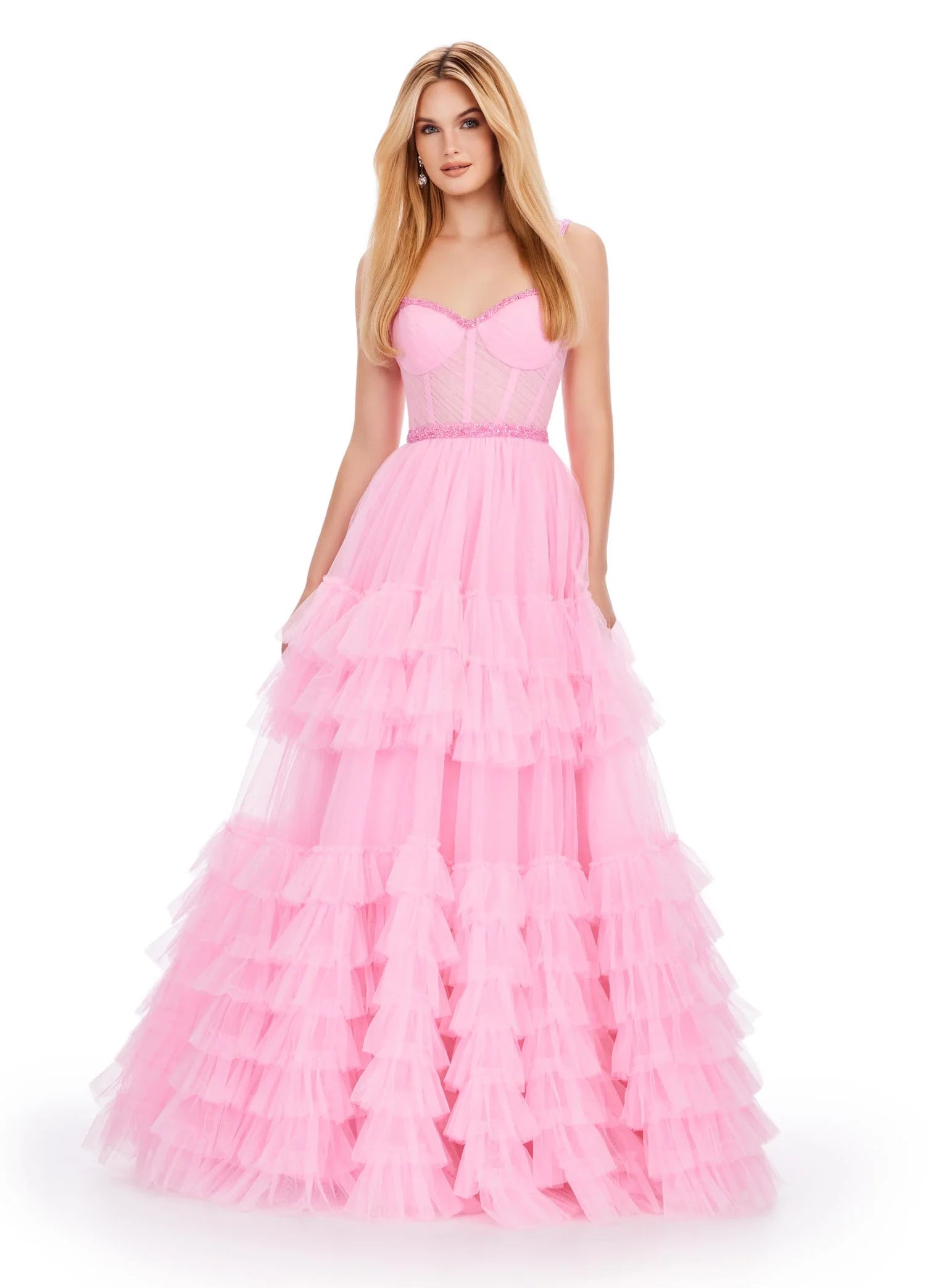 The Ashley Lauren11603 Long Tulle Ruffle Layer Ballgown Prom Dress is the perfect choice for your special occasion. With a beaded corset and ruffled layers for movement, this gown adds the perfect amount of glamour and elegance.