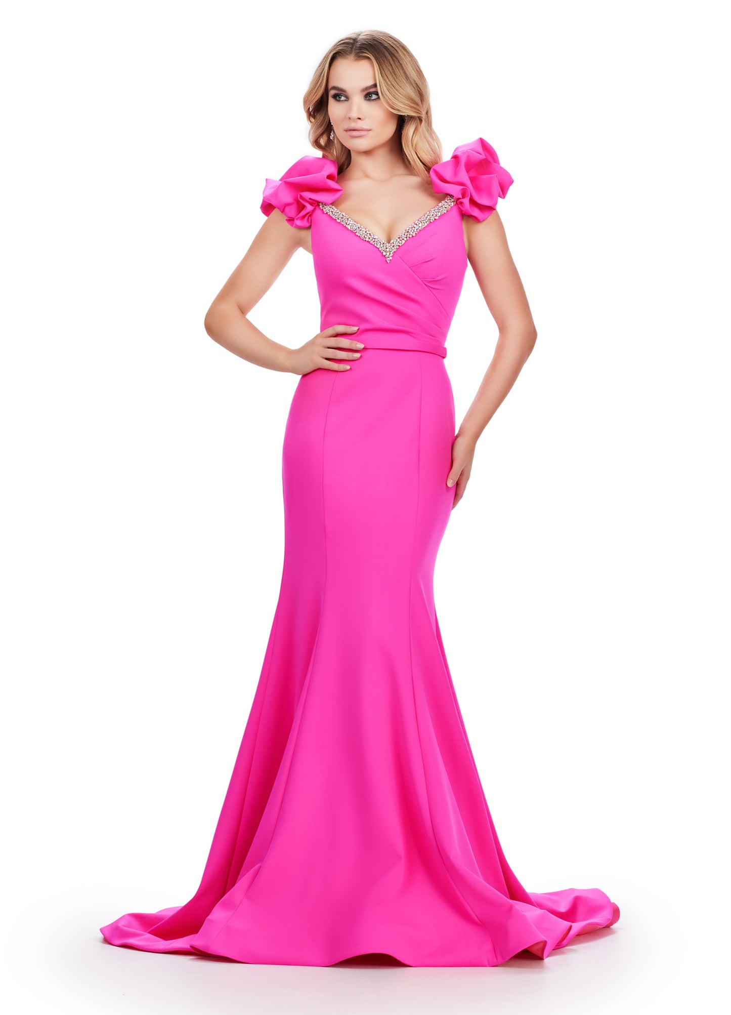 Ashley Lauren 11615 Long Prom Dress A-Line Scuba Gown Beaded Belt Puff Sleeves V Neck Formal Pageant Gown