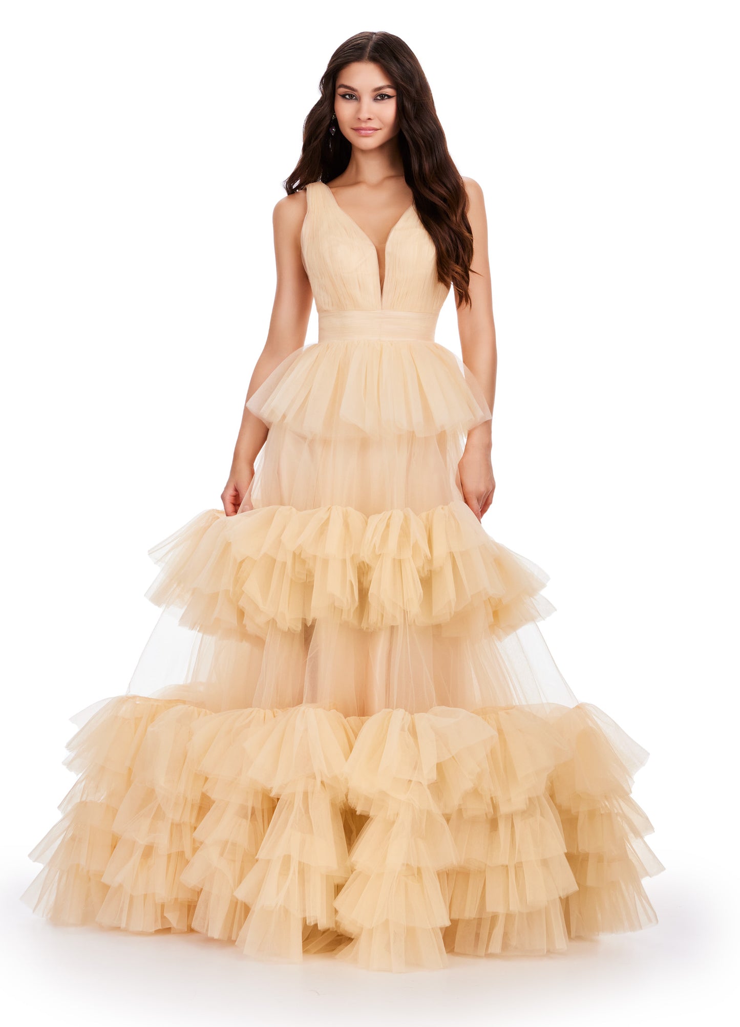 Elevate your formal wardrobe with the Ashley Lauren 11620 Long Prom Dress. Featuring a stunning V-neck, tiered tulle ball gown design, this dress will make you stand out at any event. Made with high-quality materials, it combines elegance and comfort for a truly unforgettable look. The dreamy ball gown features a v-neckline bustier accented by a multi-tiered tulle ruffle skirt.