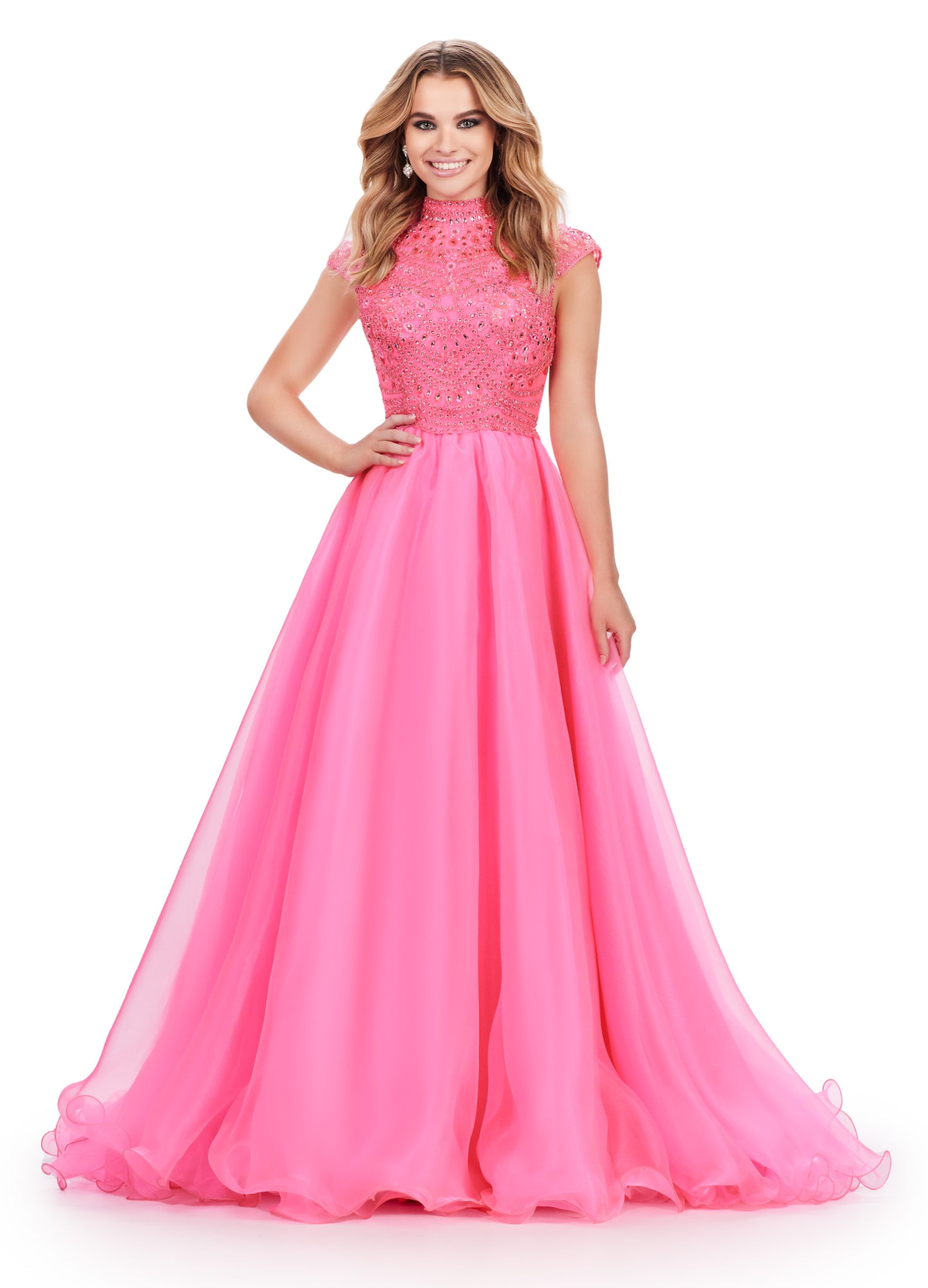 This Ashley Lauren 11630 Long Prom Dress is a stunning high neck organza ball gown with elegant cap sleeves. Perfect for formal events and pageants, this dress exudes sophistication and style. Made with quality materials, it offers both comfort and luxury for a truly special occasion. This organza ball gown features a fully beaded bodice with cap sleeves and a high neckline. The open back makes this dress extra fabulous!