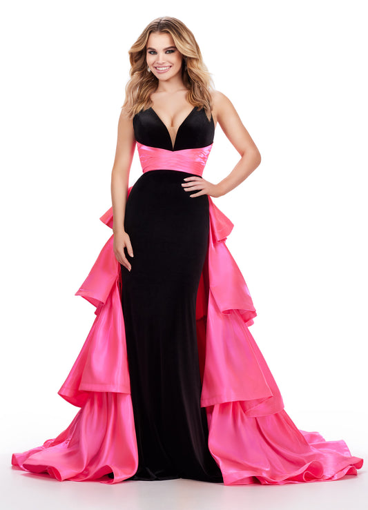 Be the belle of the ball in the Ashley Lauren 11643 Long Prom Dress. Made with luxurious velvet and satin, this fitted gown features a sophisticated V neck and a stunning ruffled overskirt. Perfect for any formal event or pageant, this gown exudes elegance and grace. This stunning velvet gown is perfect for your next event. This unique v neckline gown features a gorgeous ruffled heavy satin overskirt.