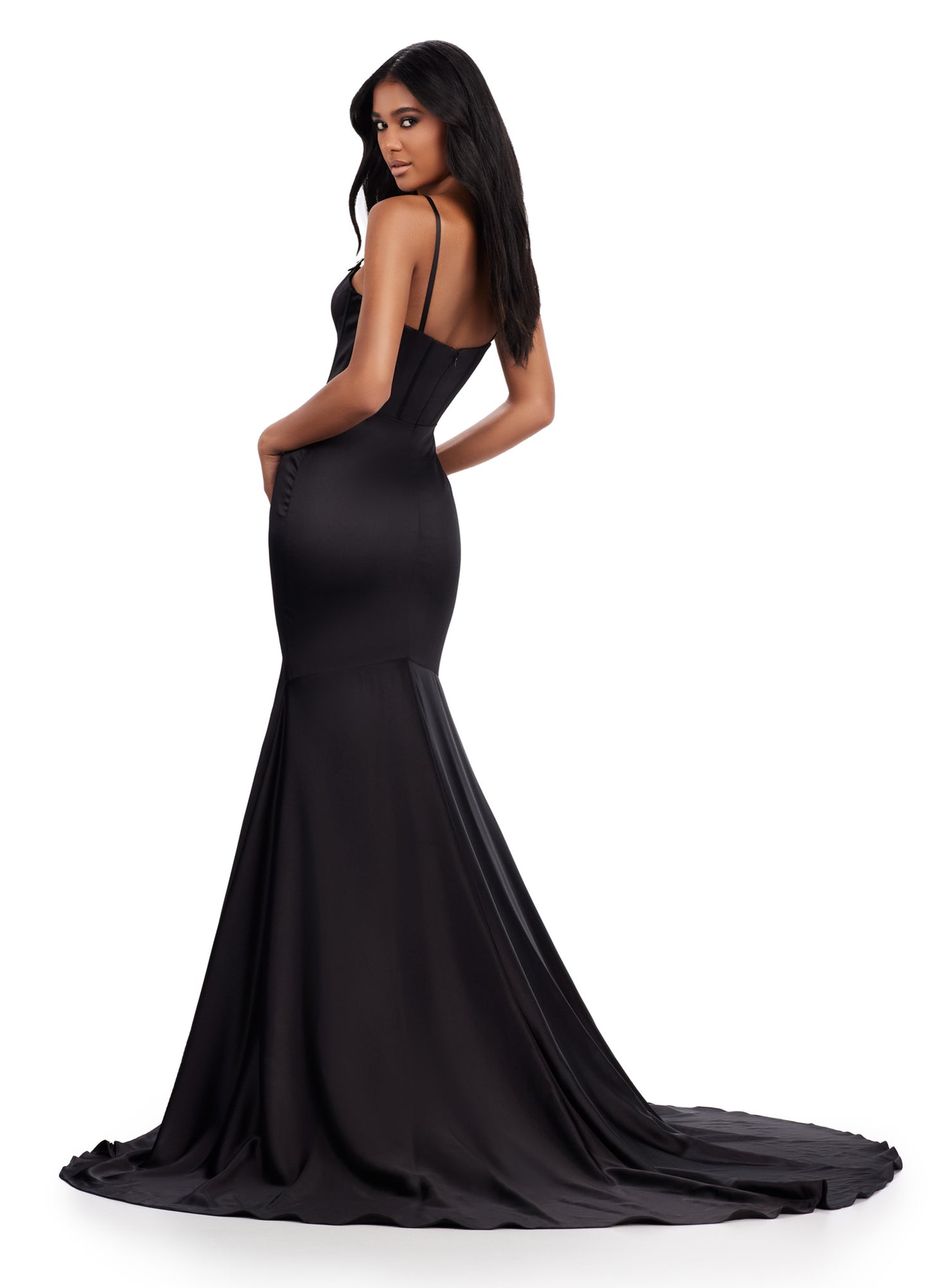 Achieve a stunning look in the Ashley Lauren 11644 Long Prom Dress. With a mermaid silhouette, corset bodice, and spaghetti straps, this formal gown is both flattering and elegant. Adorned with intricate beaded details, it's the perfect choice for prom or pageants. Make a statement and turn heads with this exquisite dress. Classy and timeless! This satin spaghetti strap gown features a corset bustier and beaded details on the straps.