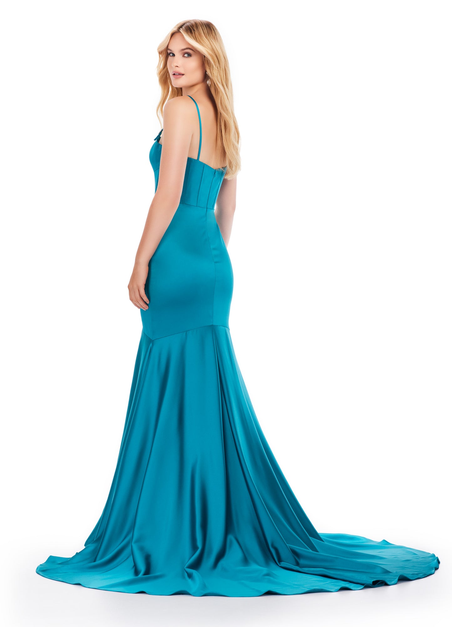 Achieve a stunning look in the Ashley Lauren 11644 Long Prom Dress. With a mermaid silhouette, corset bodice, and spaghetti straps, this formal gown is both flattering and elegant. Adorned with intricate beaded details, it's the perfect choice for prom or pageants. Make a statement and turn heads with this exquisite dress. Classy and timeless! This satin spaghetti strap gown features a corset bustier and beaded details on the straps.