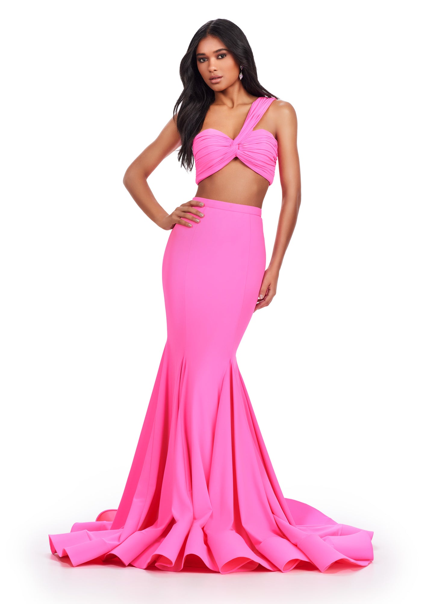 Expertly crafted by Ashley Lauren, the 11646 Long Prom Dress is a stunning two-piece gown fit for any formal occasion. Made with scuba fabric, the ruched one-shoulder bustier adds a touch of elegance to this pageant-worthy dress. Impress with impeccable style and grace. Two piece dreams! This two piece scuba gown features a ruched one shoulder bustier and a ruched detailed skirt.