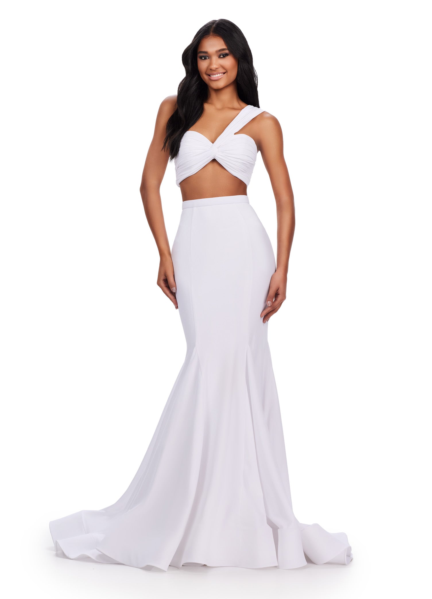 Expertly crafted by Ashley Lauren, the 11646 Long Prom Dress is a stunning two-piece gown fit for any formal occasion. Made with scuba fabric, the ruched one-shoulder bustier adds a touch of elegance to this pageant-worthy dress. Impress with impeccable style and grace. Two piece dreams! This two piece scuba gown features a ruched one shoulder bustier and a ruched detailed skirt.