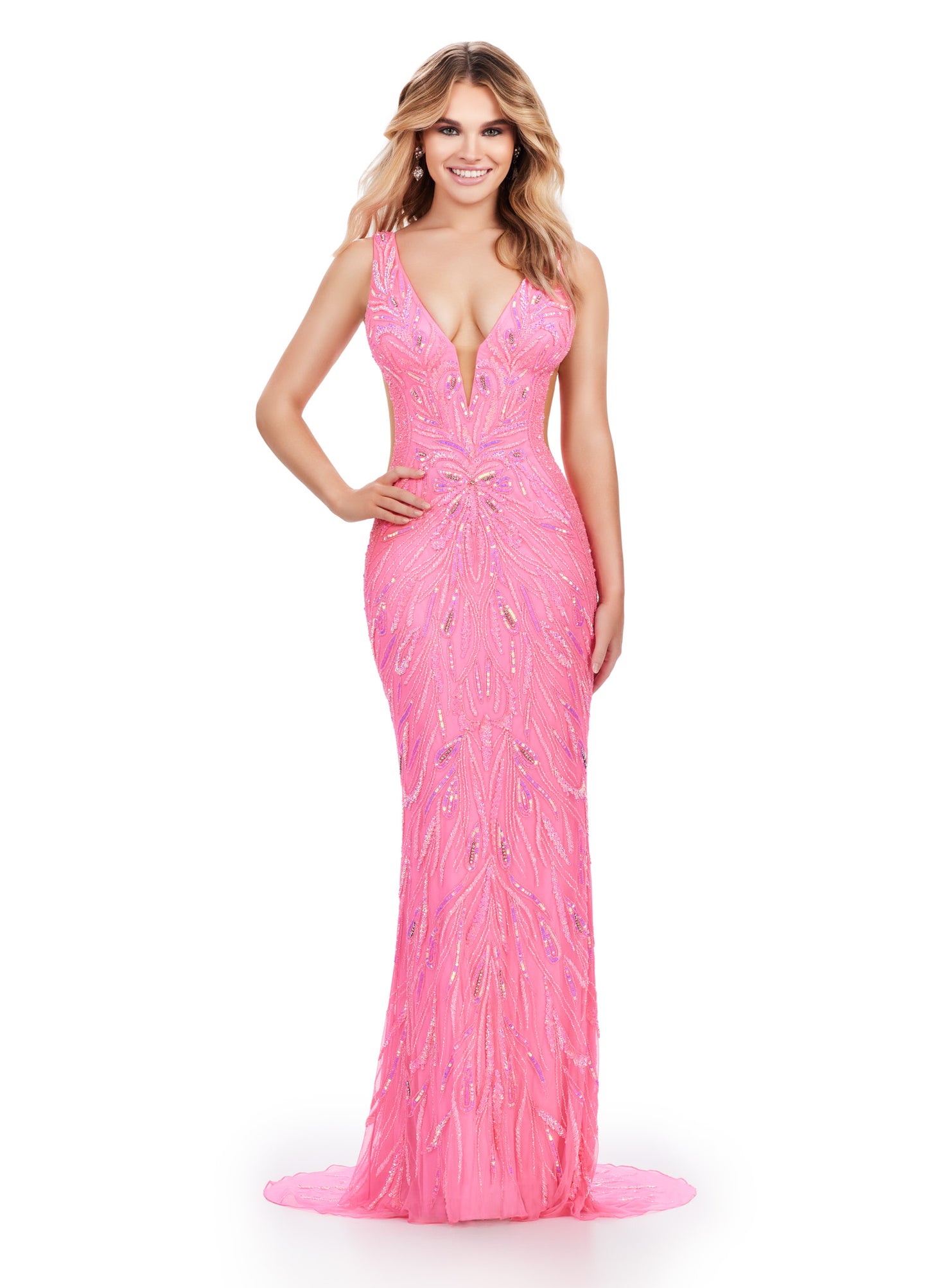 Indulge in timeless elegance with the Ashley Lauren 11669 Long Prom Dress. This stunning gown features intricate, fully beaded detailing, cut outs for a touch of glamour, and a flattering V back design. Perfect for any formal occasion or pageant, this dress will make you stand out with its impeccable style and expert craftsmanship. This gorgeous fully beaded v neckline dress features illusion side cut outs and a low back.