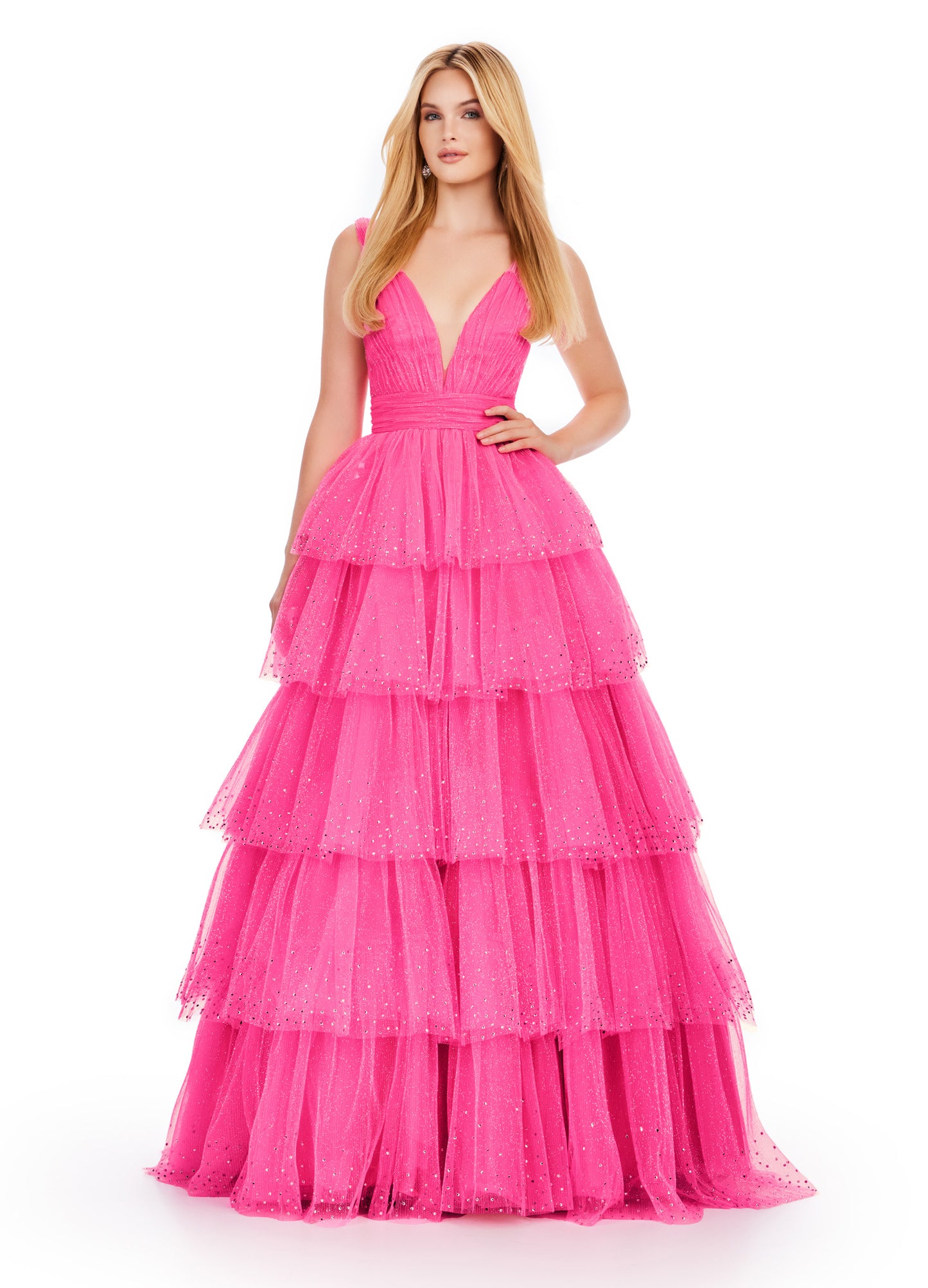 Ashley Lauren 11672 Long Layered Tulle Crystal Ball Gown Prom Dress Formal Pageant You are sure to stand out in this glitter tulle v-neckline ball gown! The glitter tulle is sure to sparkle with the added heat-set stones throughout the multi-tiered skirt.  COLORS: Lilac, Sky, Black, Hot Pink Sizes: 00-24 V-Neckline V-Back A-Line Tiered Ruffle Skirt