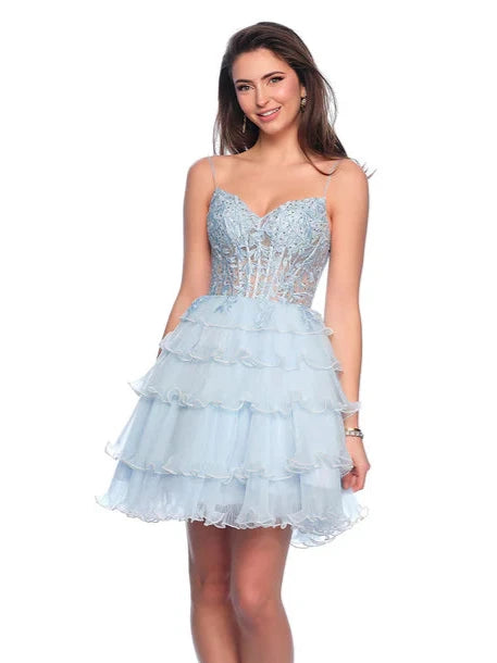 Look stunning in the Dave &amp; Johnny 11753 Short Pleated Dress. The pearl hem adds elegance to the layered pleated A Line skirt, while the Sheer corset lace bodice offers a flattering fit with&nbsp; a V neckline. Perfect for homecoming or a cocktail party.