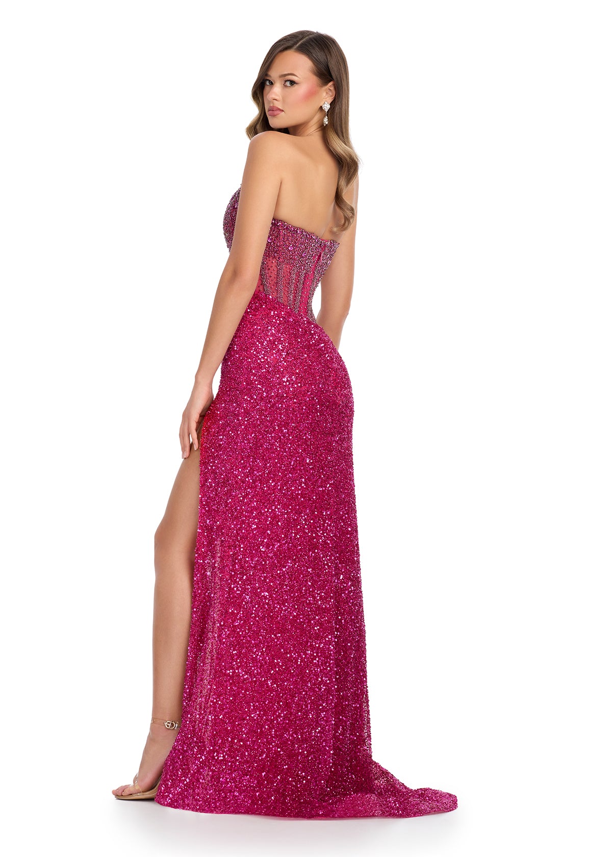 ASHLEYlauren 11830 Beaded Evening Gown Prom Dress Scoop Neckline wrap skirt. Dazzle in this fully beaded gown. The sweetheart neckline is complete with a corset bustier. The skirt is finished with horsehair and a left leg slit.