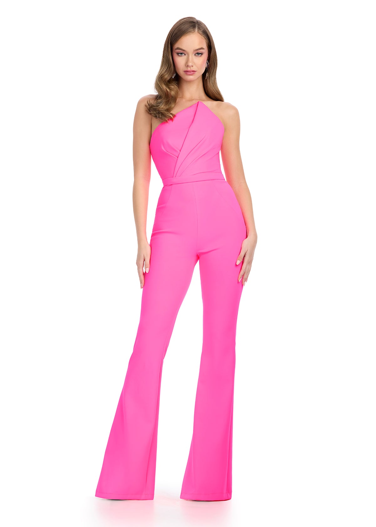 Expertly crafted for formal events, this Ashley Lauren 11835 jumpsuit is made from scuba material and features an asymmetrical neck and strapless design. Perfect for pageants and interviews, this jumpsuit is both stylish and professional. Elevate your look with this must-have piece. Jumpsuit goals! This strapless scuba jumpsuit is fit to perfection. The look is complete with a belt and asymmetrical bustier.