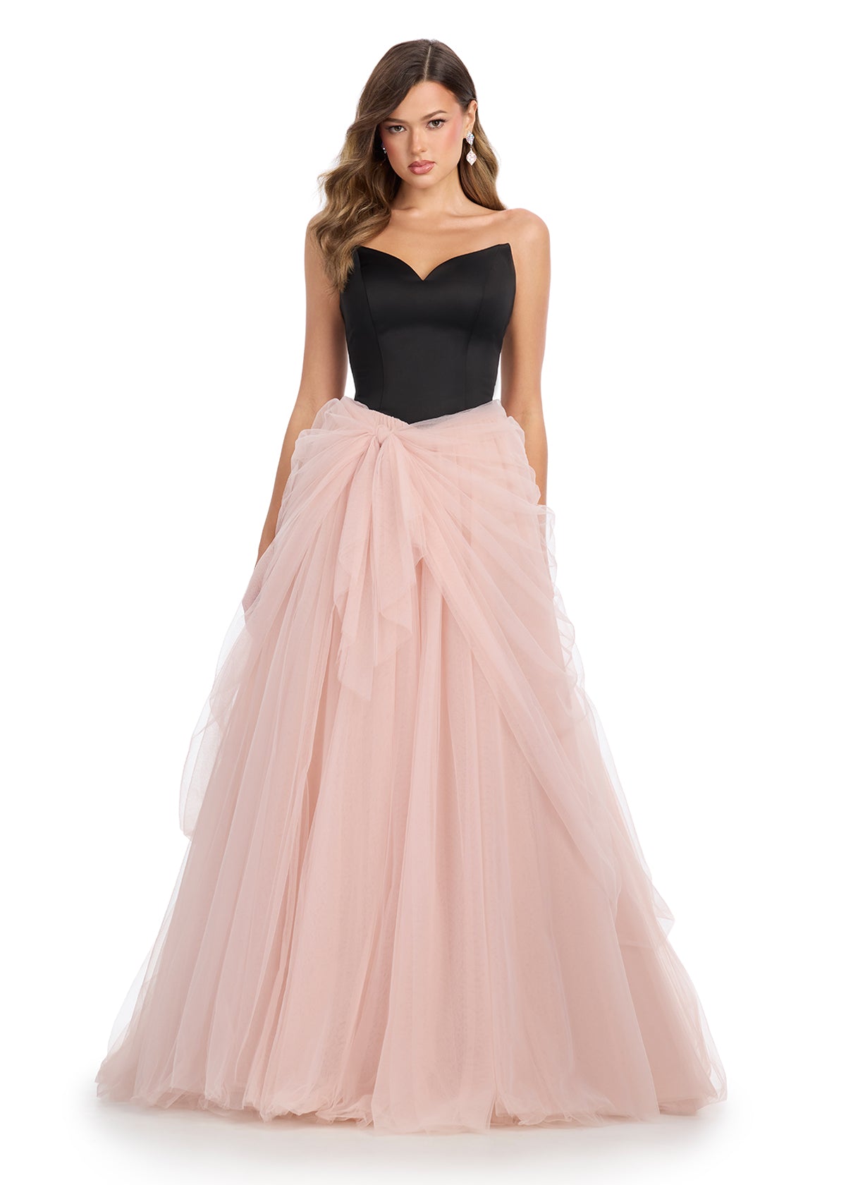 Expertly crafted for a flawless silhouette, the Ashley Lauren 11984 dress features a Satin V neck, A Line cut, and Tulle draping for a stunning A line prom dress. The exquisite ballgown design adds elegance to your look, making it perfect for pageants.&nbsp;Bold and fabulous! Turn heads in this striking strapless ball gown. Featuring a satin bodice, sweetheart neckline and draping tulle skirt, this gown certainly has our attention!