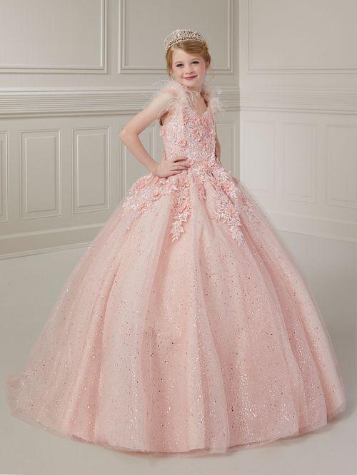 Tiffany Princess 13727 Girls Pageant Dress Feather Lace Ball Gown Shimmer Sequin Corset