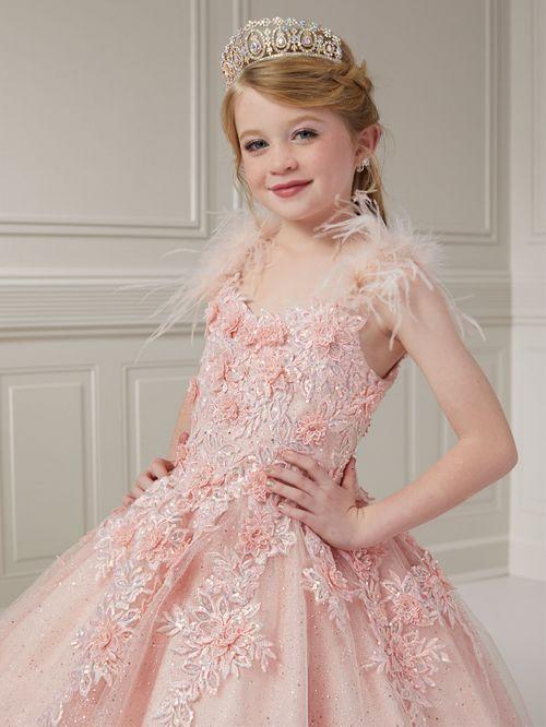 Tiffany Princess 13727 Girls Pageant Dress Feather Lace Ball Gown Shimmer Sequin Corset