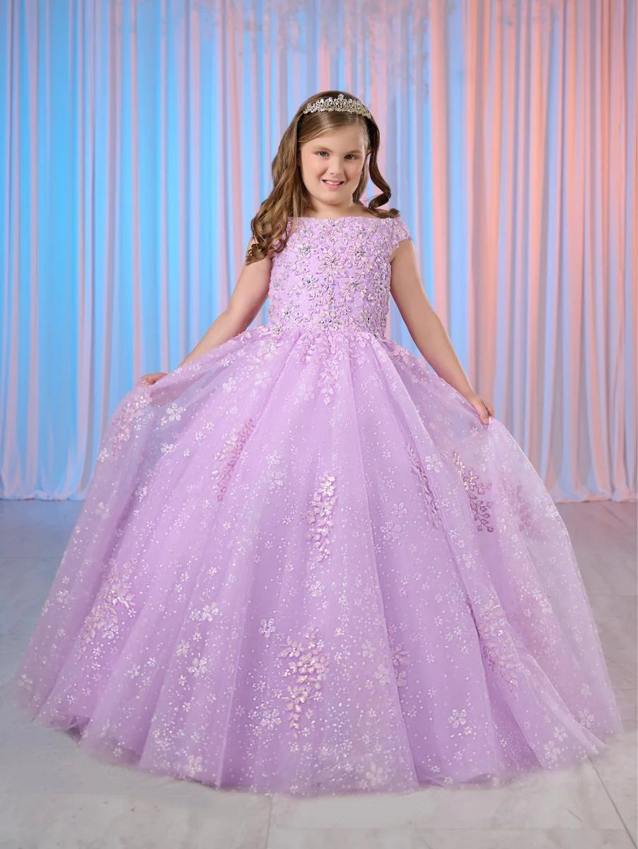 This beautiful Tiffany Princess pageant dress features shimmering lace, off the shoulder design, and a corset-style bodice. Perfect for formal occasions, this gown is sure to make your little girl feel like a princess. The stylish and comfortable design will have her shining on stage.