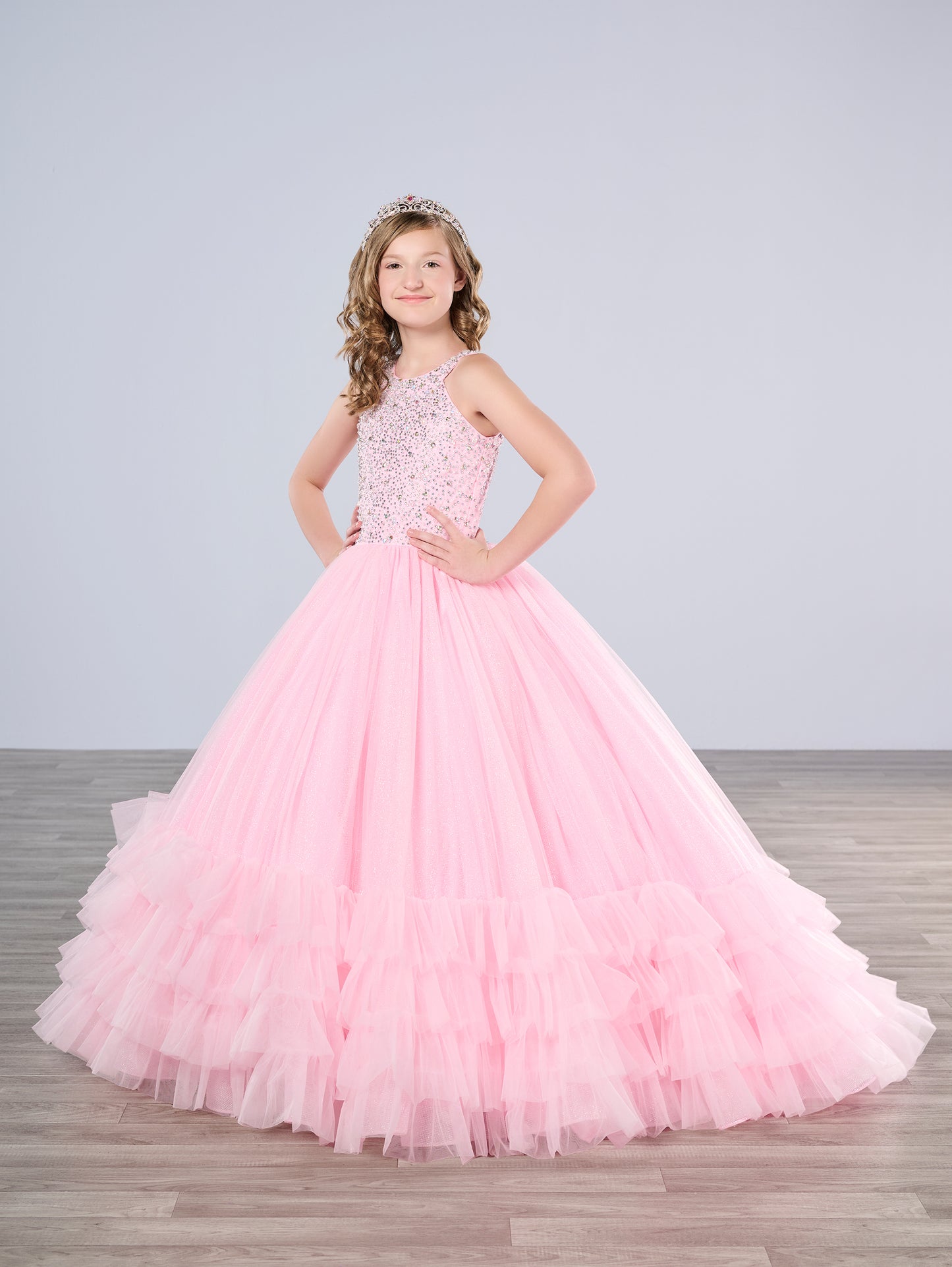 Tiffany Princess 13795 Size 6 Neon Pink Ruffle Skirt Girls Pageant Dress Crystal High Neck Backless Corset