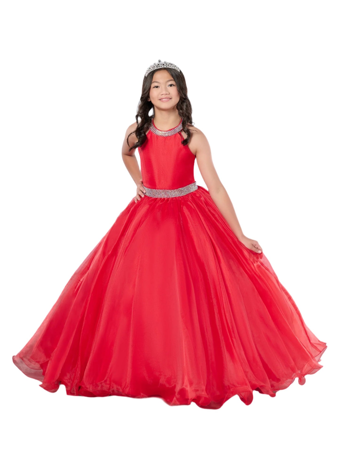 Indulge your little princess with the luxurious Tiffany Princess 13801 Pageant Dress. This halter ballgown features a stunning crystal-embellished neckline and straps, adding an elegant touch to her formal look. With its A-line silhouette, she'll feel like a true royalty on the stage.