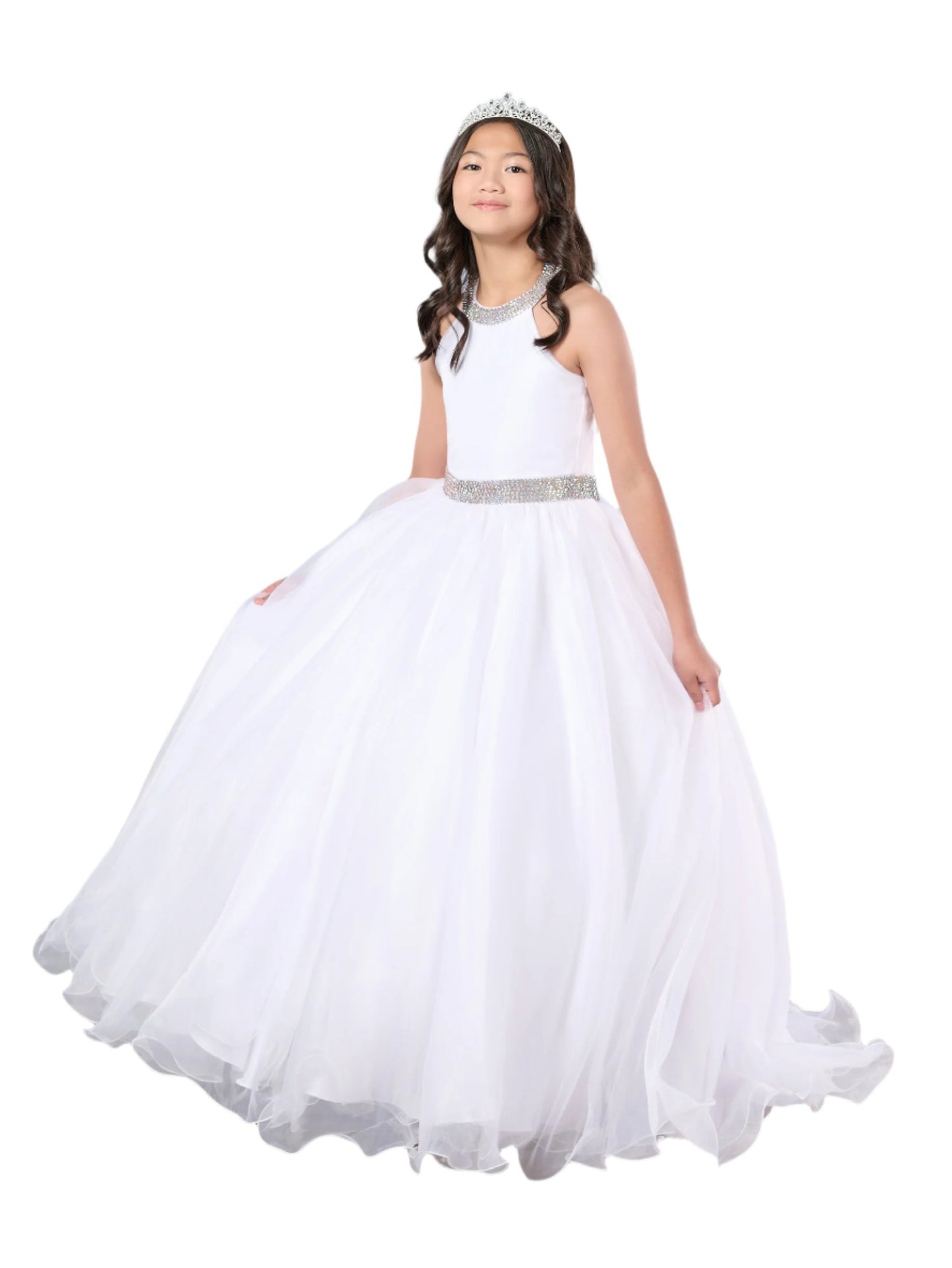 Indulge your little princess with the luxurious Tiffany Princess 13801 Pageant Dress. This halter ballgown features a stunning crystal-embellished neckline and straps, adding an elegant touch to her formal look. With its A-line silhouette, she'll feel like a true royalty on the stage.