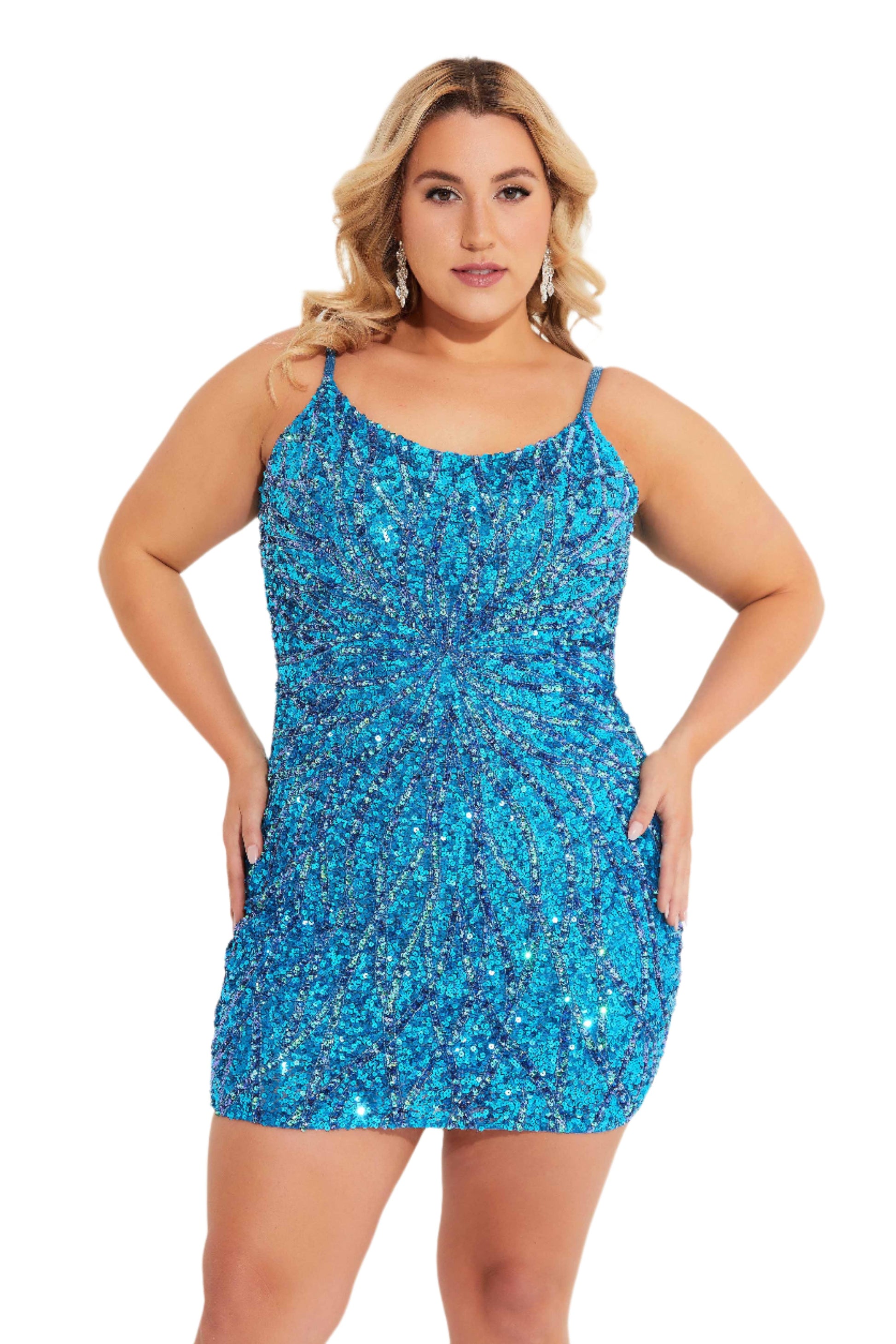 Get ready to shine in the Primavera Couture 14061 Cocktail Dress. With a flattering scoop neckline and eye-catching starburst sequin pattern, this dress is perfect for any special occasion. Designed for curvy figures, it'll hug your curves in all the right places. Stand out and make a statement in this stunning dress.