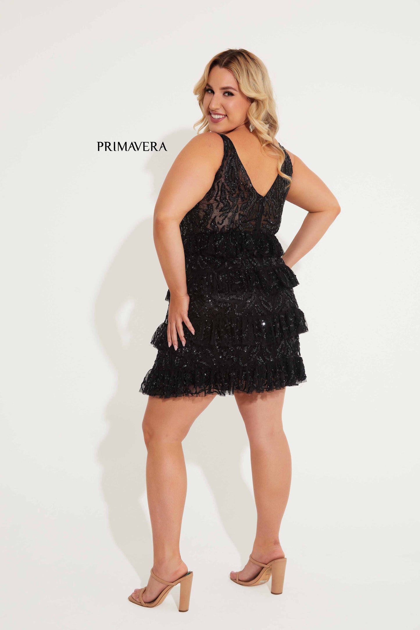 Primavera Couture 14063 Ruffle Skirt Cocktail Dress Curvy V Neckline Sequins