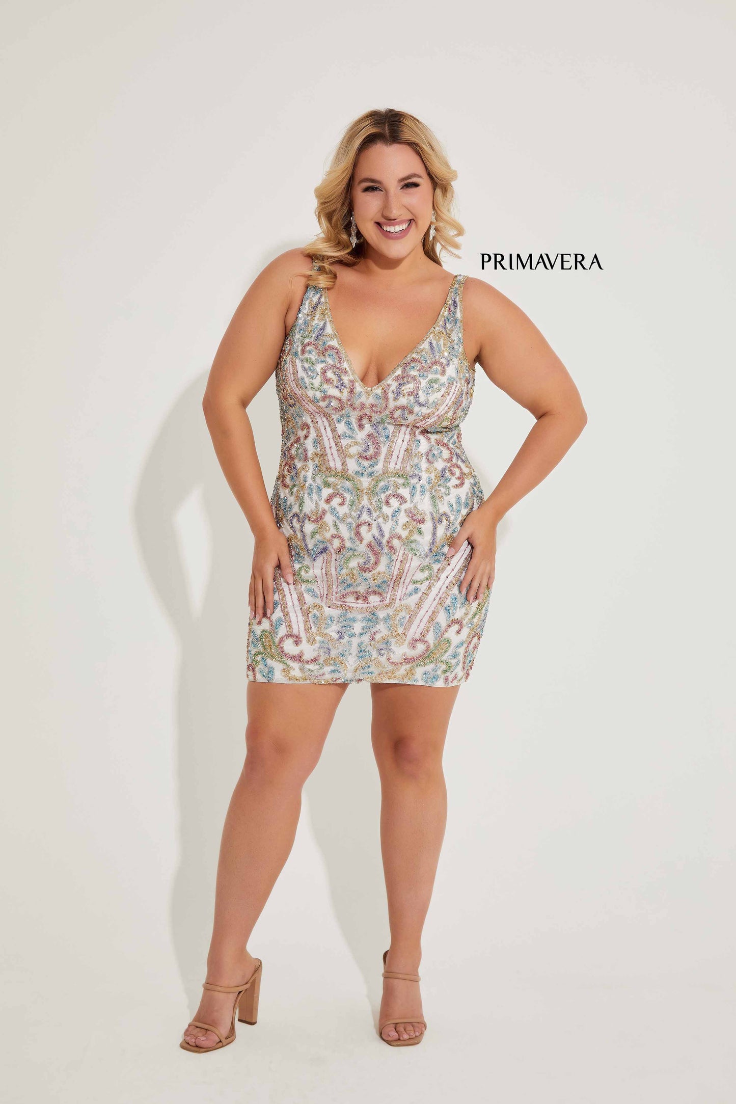 Primavera Couture 14065 Beaded Cocktail Dress Plus Sized Curvy V Neckline