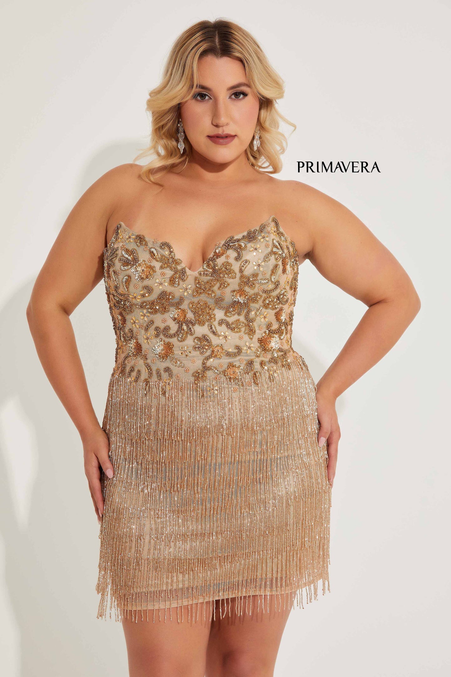 Primavera Couture 16069 Nude Cocktail Dress Fringe Skirt Plus Sized