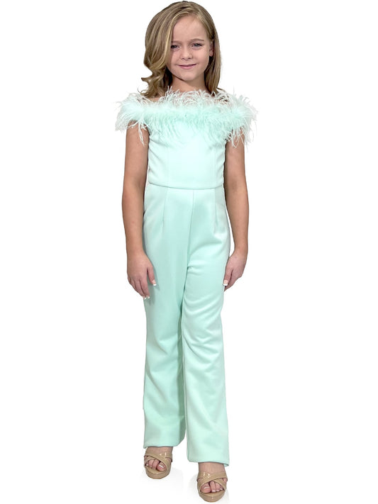 Marc Defang 8185K Pageant Jump suite with feather neck line off the shoulder  Feather neckline Scuba body material Jumpsuit style Center back invisible zipper Fully Lined  Available Sizes: 12  Available Colors: Mint