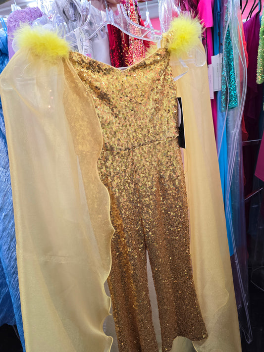 Marc Defang KIDS 8099K Size 4 Gold Pageant Jumpsuit sequins off the shoulder straps cape and feathers