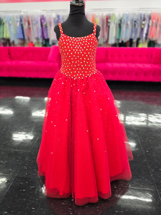 Tiffany Princess 13739 Size 8 Red Girls Pageant Dress Tulle Pearl Beaded A Line Corset Ball Gown Preteen