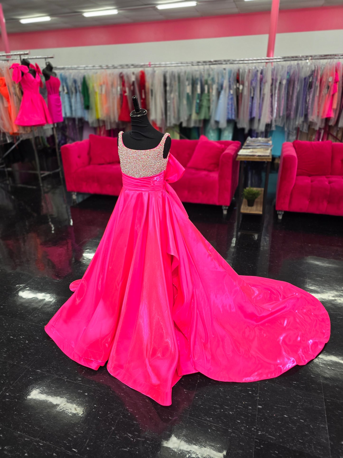 Ashley Lauren 8278 Size 8 Hot Pink Girls Satin Ballgown Large Bow Pageant Dress Crystal Bodice Gown