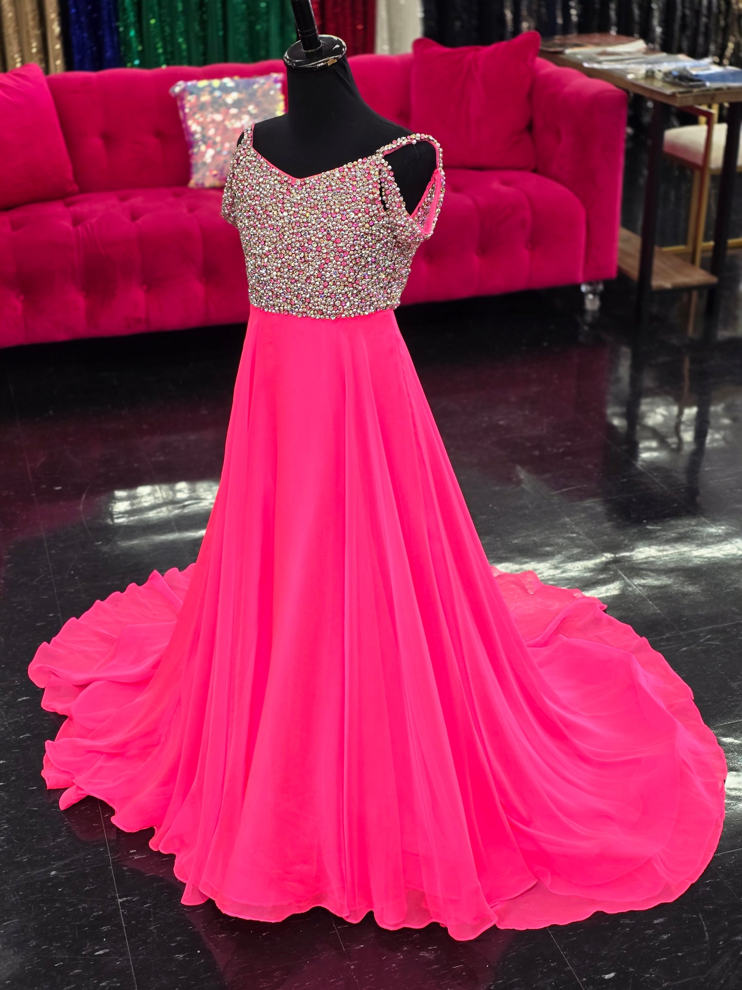 Ashley Lauren Kids 8220 Size 4 Hot Pink Beaded Bustier A-Line Off The Shoulder Sweetheart Neckline Chiffon Gown