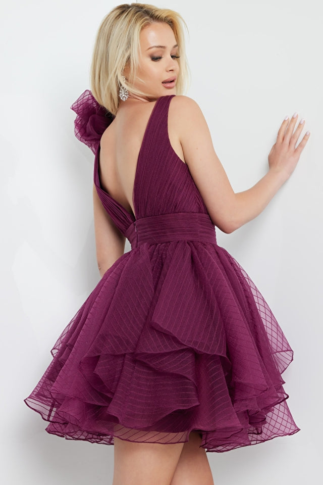 Show off sophistication in Jovani's 22279 dress. Crafted from organza, this fit and flare cocktail dress features a burgundy striped pattern and a high neckline, creating a timeless look. Ideal for homecoming or other special events.