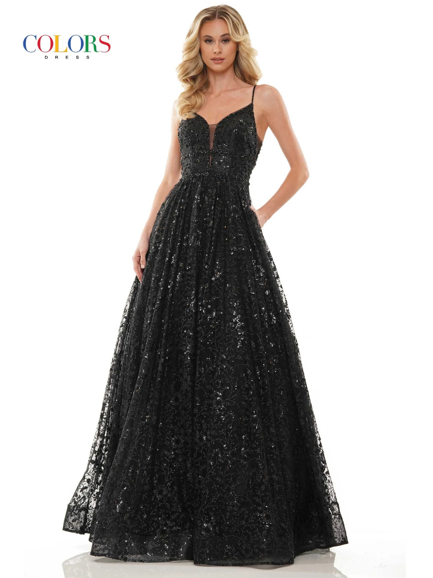 This stunning Colors Dress 2288 features a glittering sequin mesh ball gown with a plunging neckline and beautifully beaded bodice. Perfect for any formal event or pageant, this dress exudes elegance and sophistication. Make a statement and stand out from the crowd in this glamorous gown.