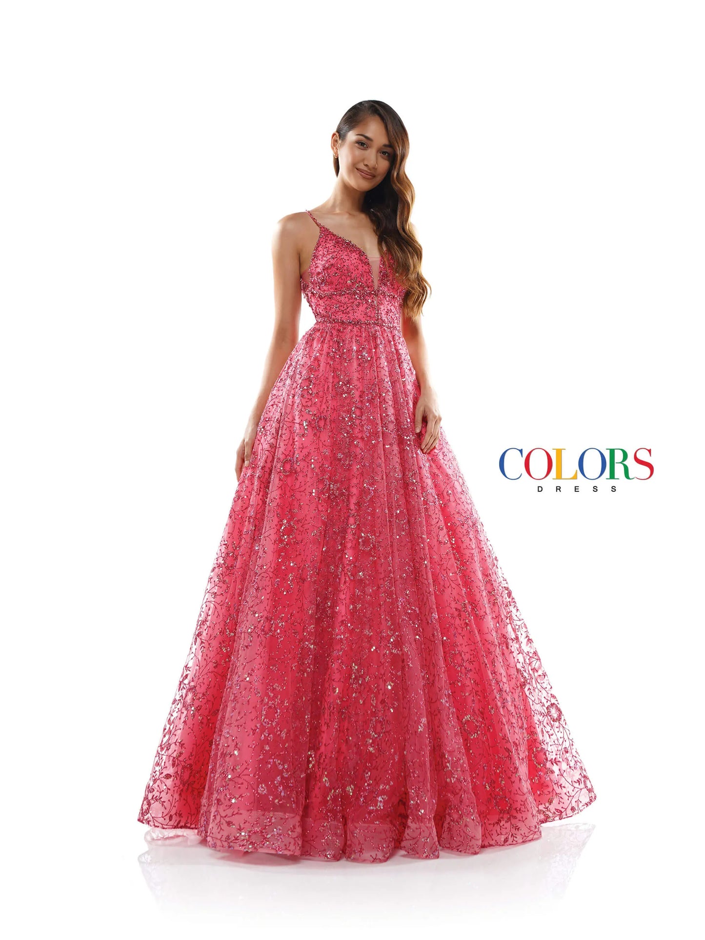 This stunning Colors Dress 2288 features a glittering sequin mesh ball gown with a plunging neckline and beautifully beaded bodice. Perfect for any formal event or pageant, this dress exudes elegance and sophistication. Make a statement and stand out from the crowd in this glamorous gown.