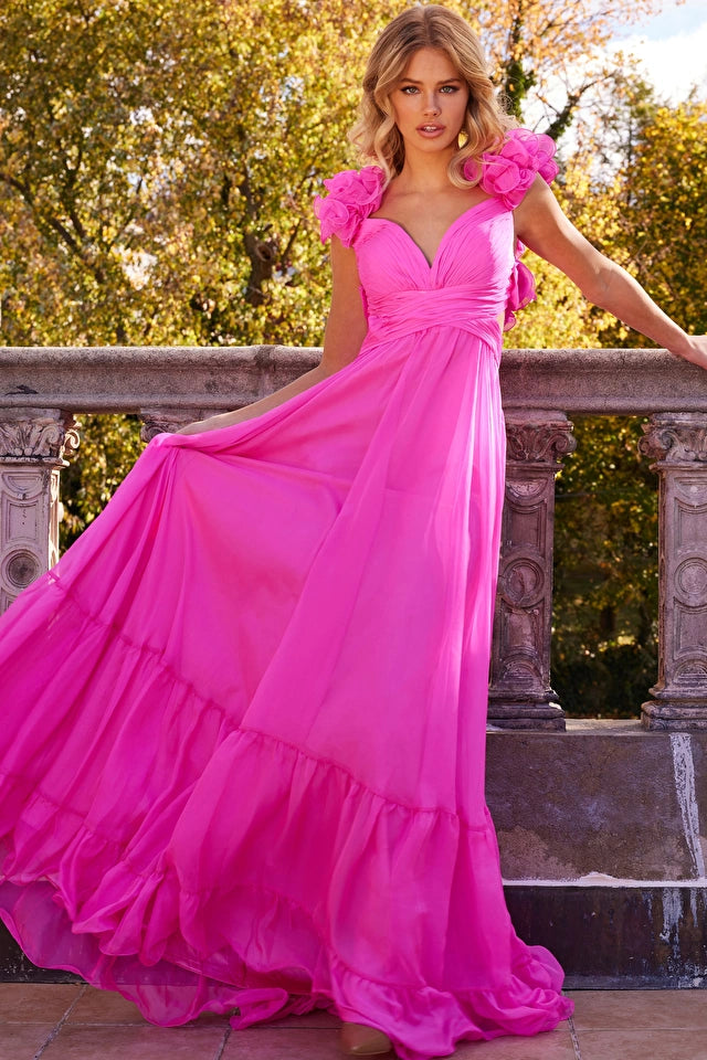 Jovani 23322 Chiffon Criss-Cross Ruching At The Waist Ruffle Detailed Strap Pleated Maxi Prom Dress. Look your best on your special day with the Jovani 23322 Chiffon Maxi Prom Dress. Crafted with 100% Chiffon, this dress features criss-cross ruching at the waist, detailed straps, and a pleated skirt. Upgrade your statement with ruffle detailing throughout.