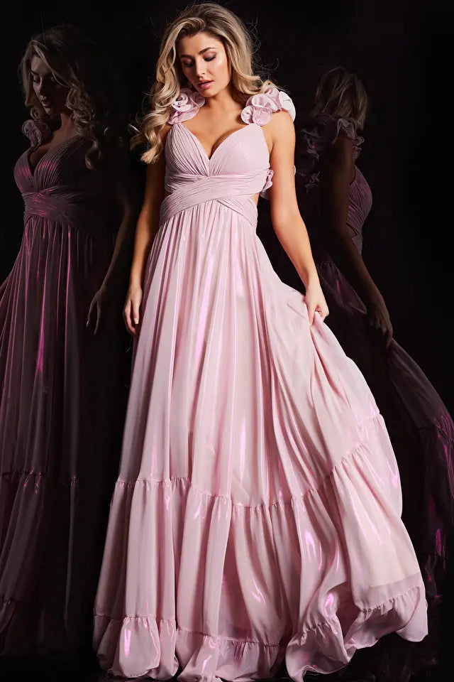 The Jovani 26248 is a stunning prom dress from the formal collection, designed to create a memorable and elegant presence at your special event. Crafted from metallic chiffon, the dress combines the shimmer of metallics with the flowing quality of chiffon, adding a touch of opulence and grace to your overall look.  This gown is of maxi style, featuring a floor-length hem that exudes sophistication, making it perfect for formal occasions.