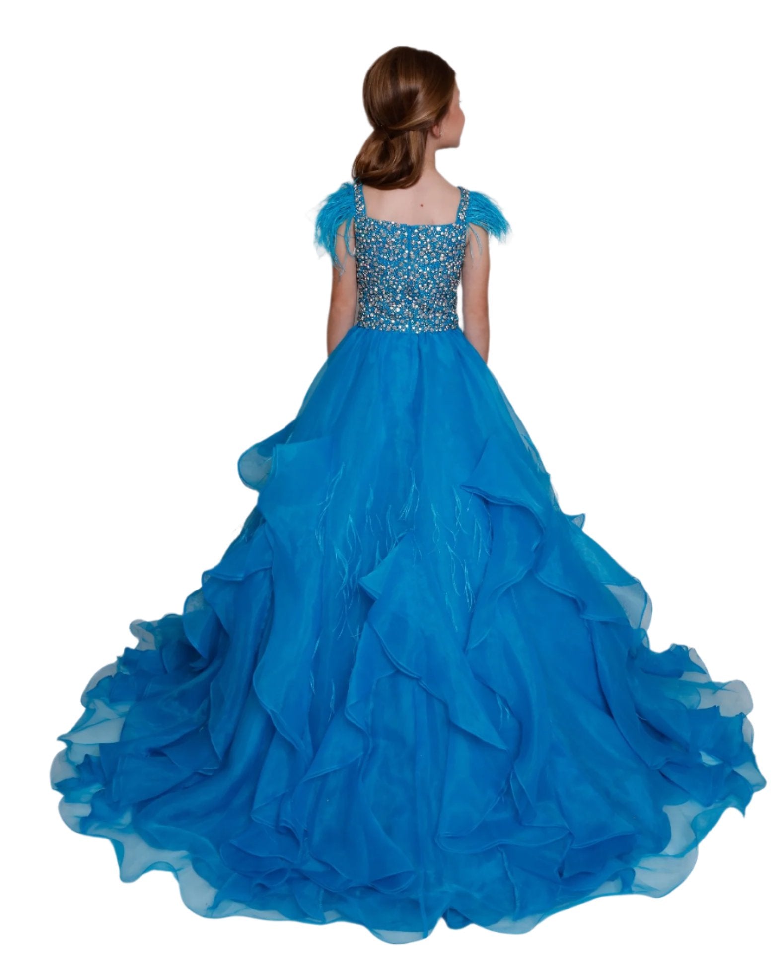 Ava Presley 28821 Girls Pageant Dress Feather Ruffle Ballgown Crystal Bodice Gown Layer