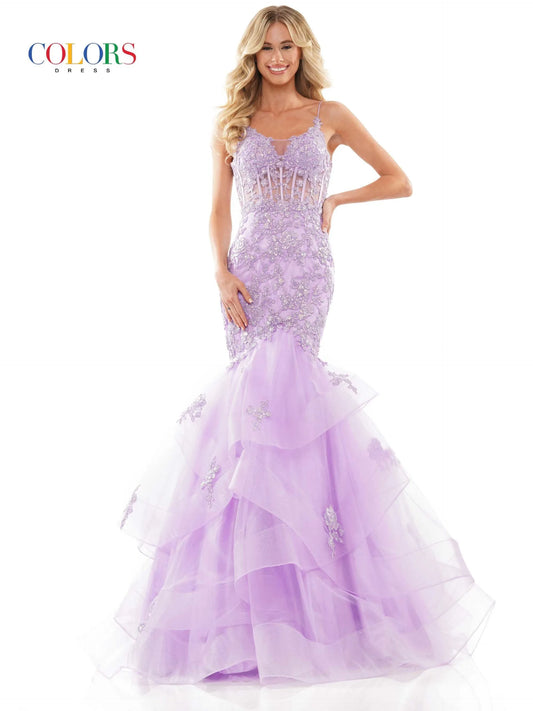 This Colors Dress 2899 Long Prom Dress is designed to flatter your figure with its fitted corset and lace applique details. The layered tulle adds a touch of elegance, perfect for formal events or pageants. Feel confident and beautiful in this stunning gown.