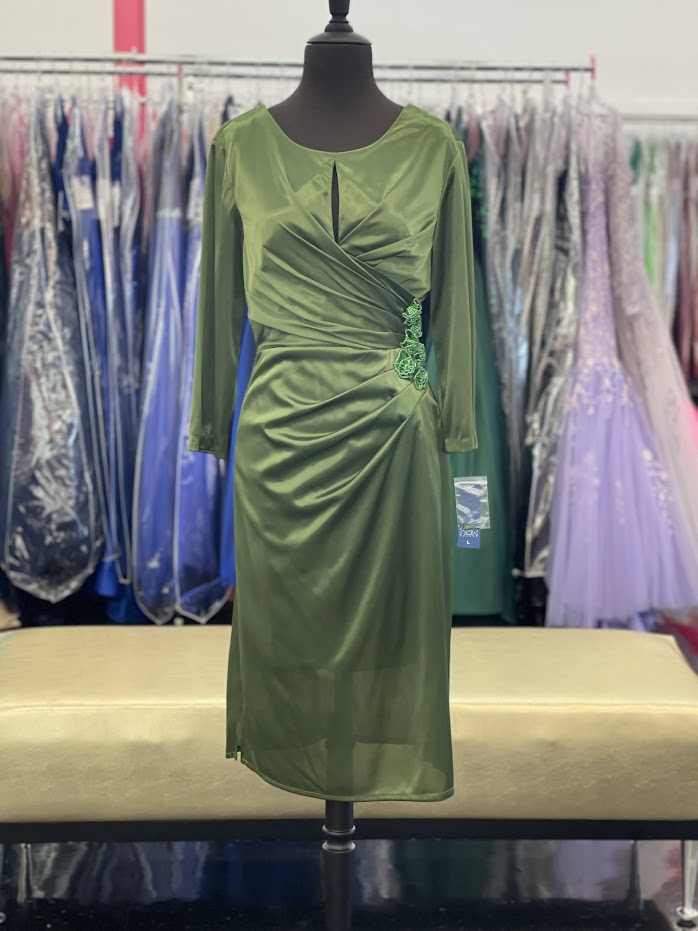 Nox Anabel 2908 Tea Length Long Sleeve Mother Of Formal Gown Wedding Guest Gown Modest 3/4 sleeves wrap waist with embellished accents. breathable silky fabric.  Sizes: 6 , 8, 10   Colors: Blue , Green , Purple