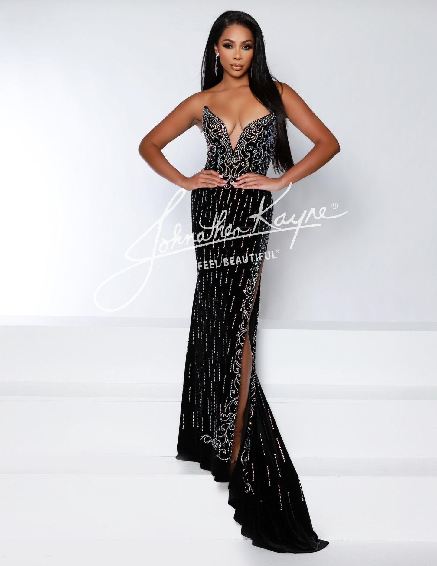 Johnathan Kayne 2944 Stretch Velvet Evening Gown Strapless Plunging V Neckline Slit Train