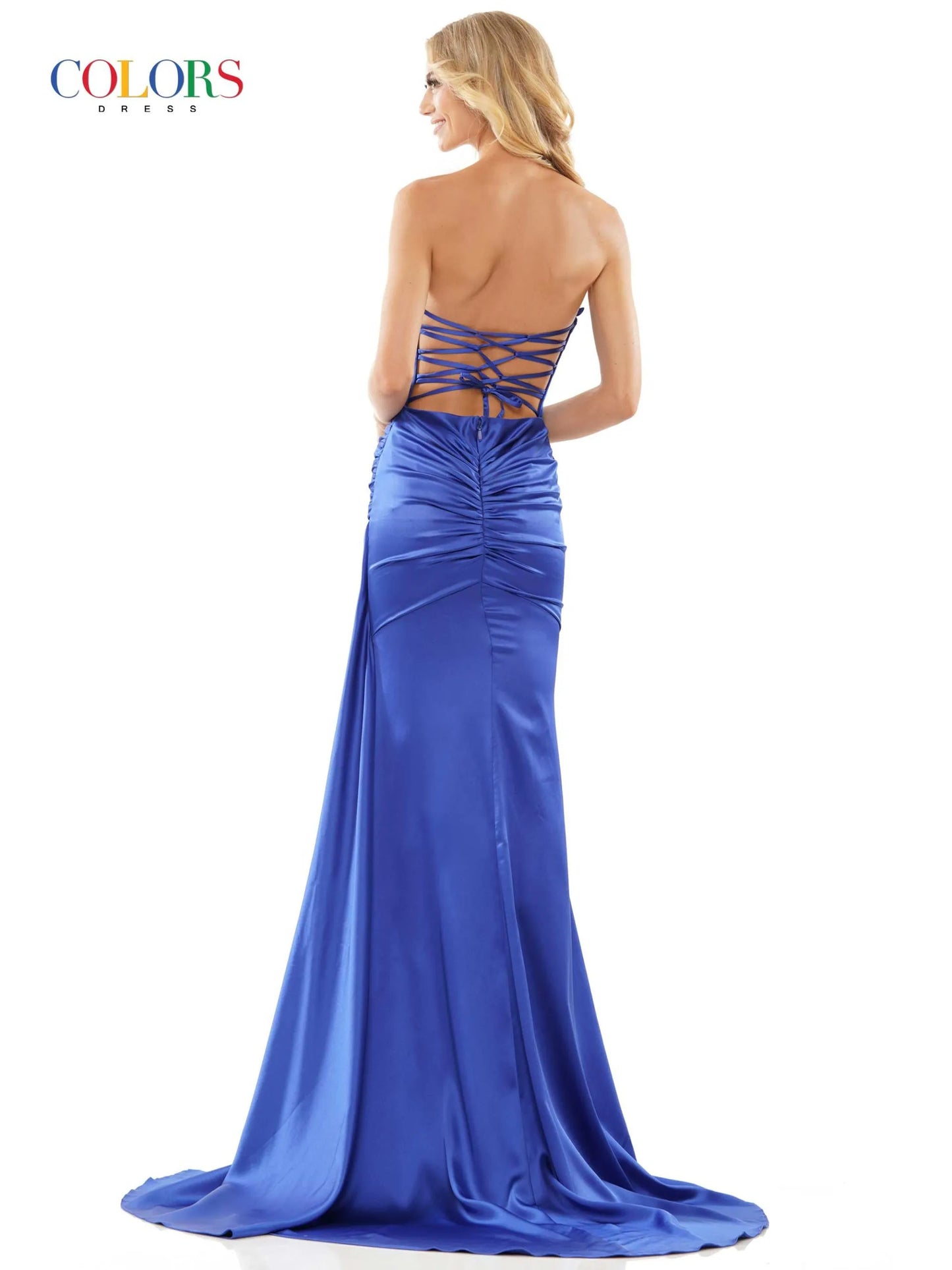 Enhance your formal look with the Colors Dress 2968 Long Prom Dress. The fitted satin design flatters your figure while the high slit adds a touch of elegance. With ruching details and a formal pageant gown style, you'll make a stylish statement at any event.