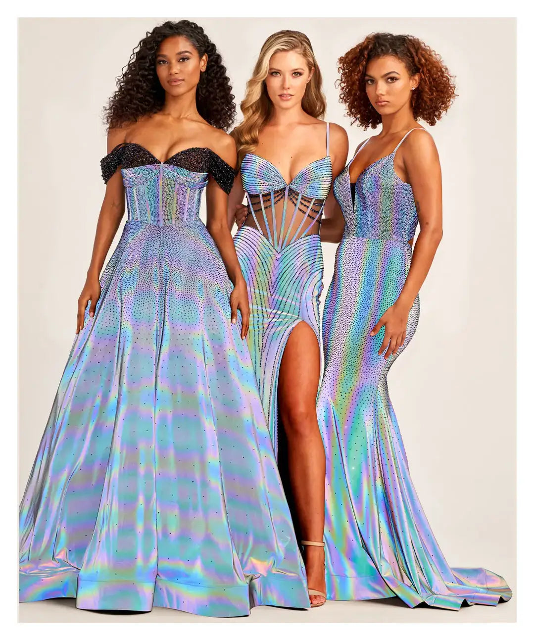 The Ellie Wilde EW35704 Prom Dress is a show-stopping style perfect for any special occasion. Featuring a long, fitted SUPERNOVA mermaid silhouette, sheer bodice with boning, this holographic gown is sure to turn heads. A unique style for a memorable night.   Sizes: 00-24  Colors: SUPERNOVA