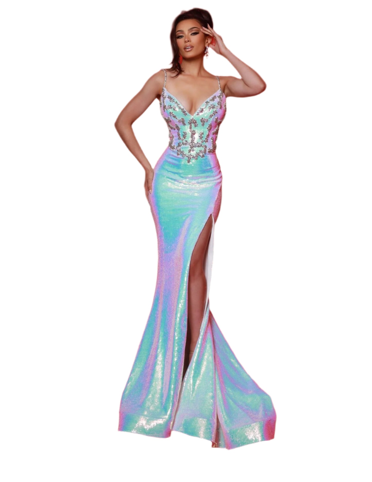 Experience elegance and glamour with the Johnathan Kayne 3082 Sequin Iridescent Prom Dress. The stunning backless design, crystal bodice, and sequin iridescent detailing will make you shine on any special occasion. Perfect for proms, pageants, and formal events, this gown is sure to turn heads and make you feel like a true Hollywood star. No such thing as too much shine! Slip into this sequin mesh, fit-and-flare wonder. With iridescent magic, dazzling thin straps, and a beaded bodice, it’s your backstage pa