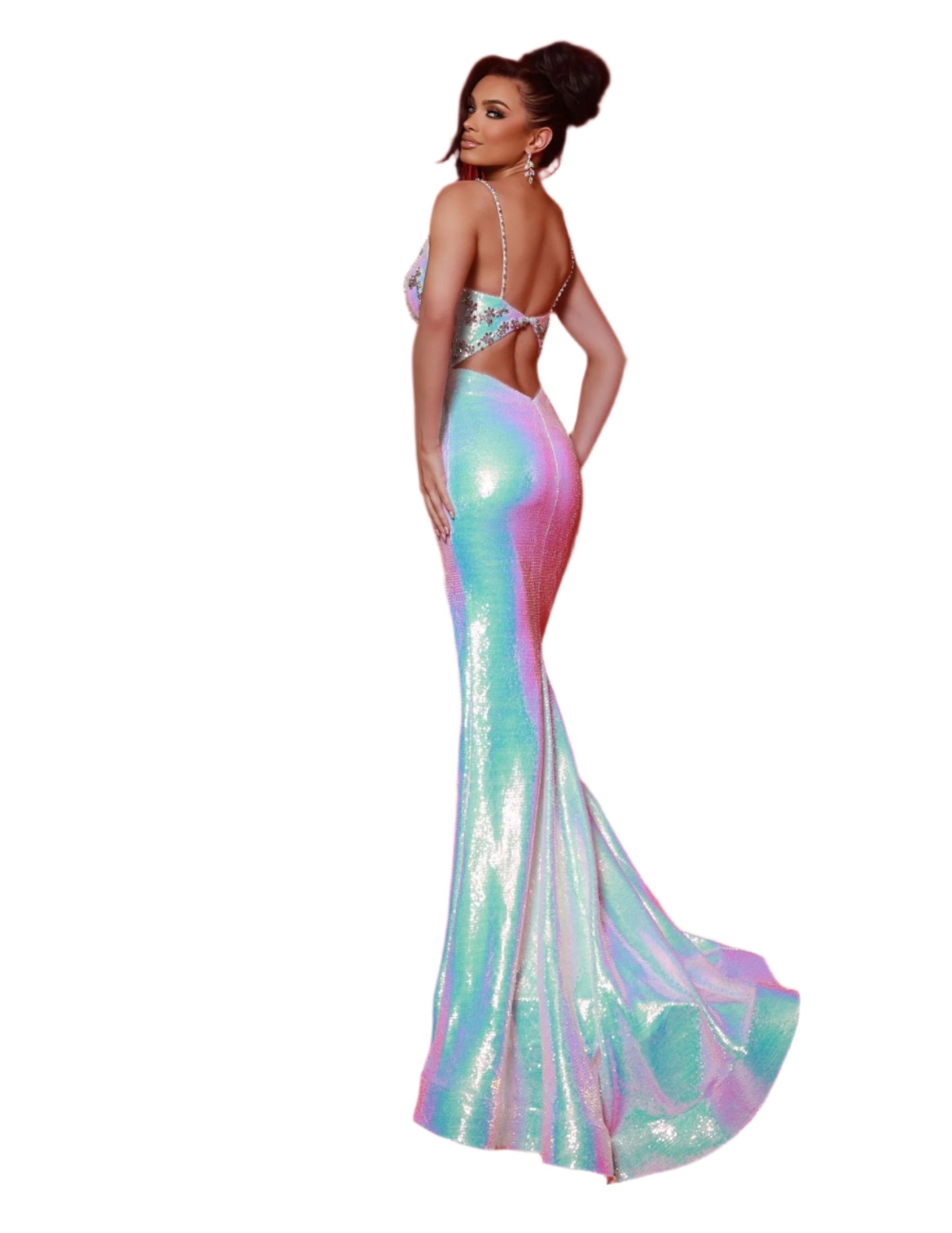 Experience elegance and glamour with the Johnathan Kayne 3082 Sequin Iridescent Prom Dress. The stunning backless design, crystal bodice, and sequin iridescent detailing will make you shine on any special occasion. Perfect for proms, pageants, and formal events, this gown is sure to turn heads and make you feel like a true Hollywood star. No such thing as too much shine! Slip into this sequin mesh, fit-and-flare wonder. With iridescent magic, dazzling thin straps, and a beaded bodice, it’s your backstage pa