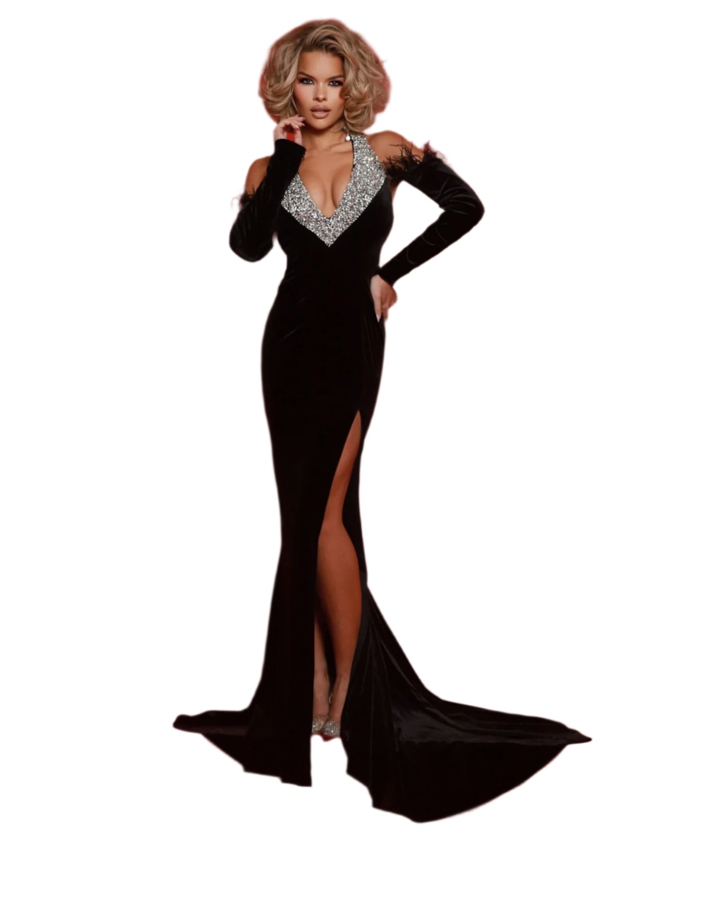 Expertly designed by Johnathan Kayne, the 3095 Velvet Backless Feather Long Sleeve Dress Formal Evening Gown Slit exudes elegance and sophistication. Made with luxurious velvet and featuring a stunning backless design and delicate feather accents, this dress is perfect for formal occasions and will make you feel like a true fashion icon.&nbsp;It’s a femininomenon! Own the room in this lavish stretch velvet dress with detachable feather sleeves. Dazzling beadwork graces the neckline and chic razor-back strap