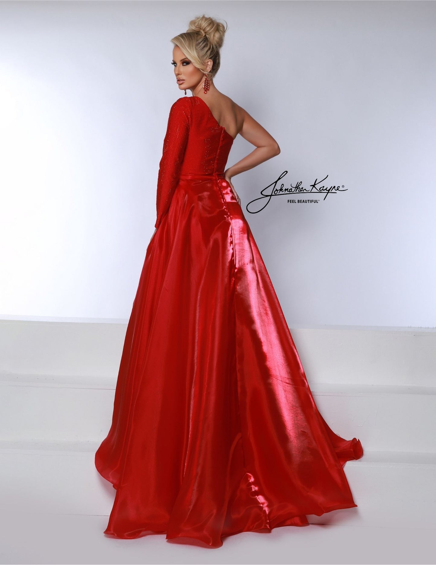 Johnathan Kayne 3103 Crystal Sleeve Jumpsuit Pageant overskirt pockets one Shoulder Formal