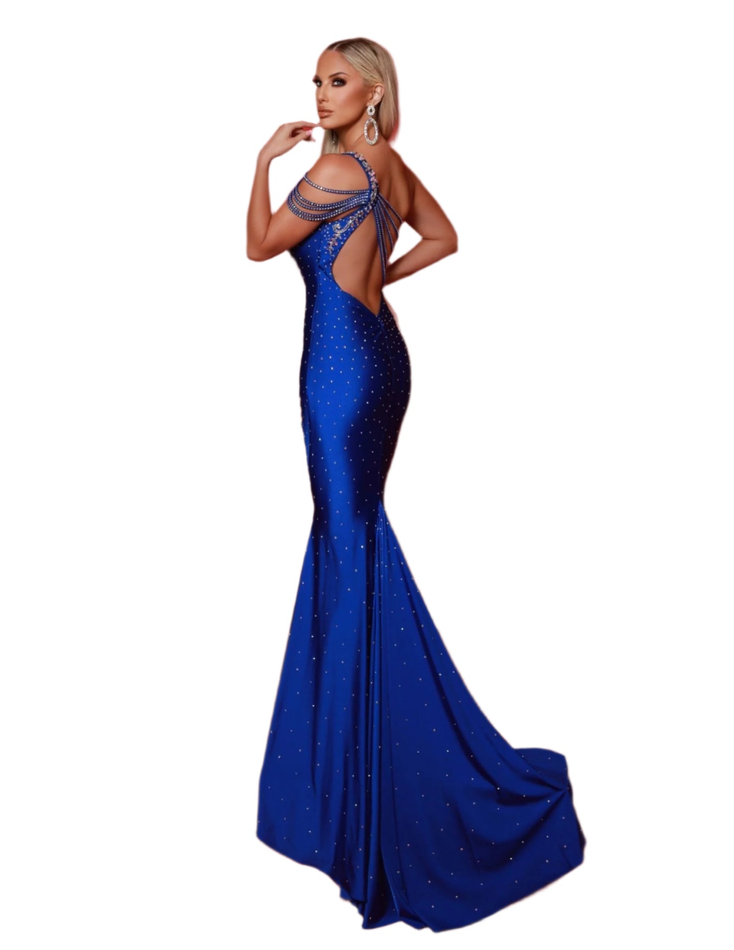 Expertly designed by Johnathan Kayne, this stunning 3118 Backless Dress is perfect for any formal occasion. The crystal embellishments and off-the-shoulder straps add a touch of elegance, while the slit and one shoulder neckline provide a modern twist. Make a statement with this glamorous gown. Round of applause for this striking one-shoulder gown! Boasting a beaded leg slit that commands attention, this dress is guaranteed to make a statement at any occasion. The intricate detailing on the back adds a touc